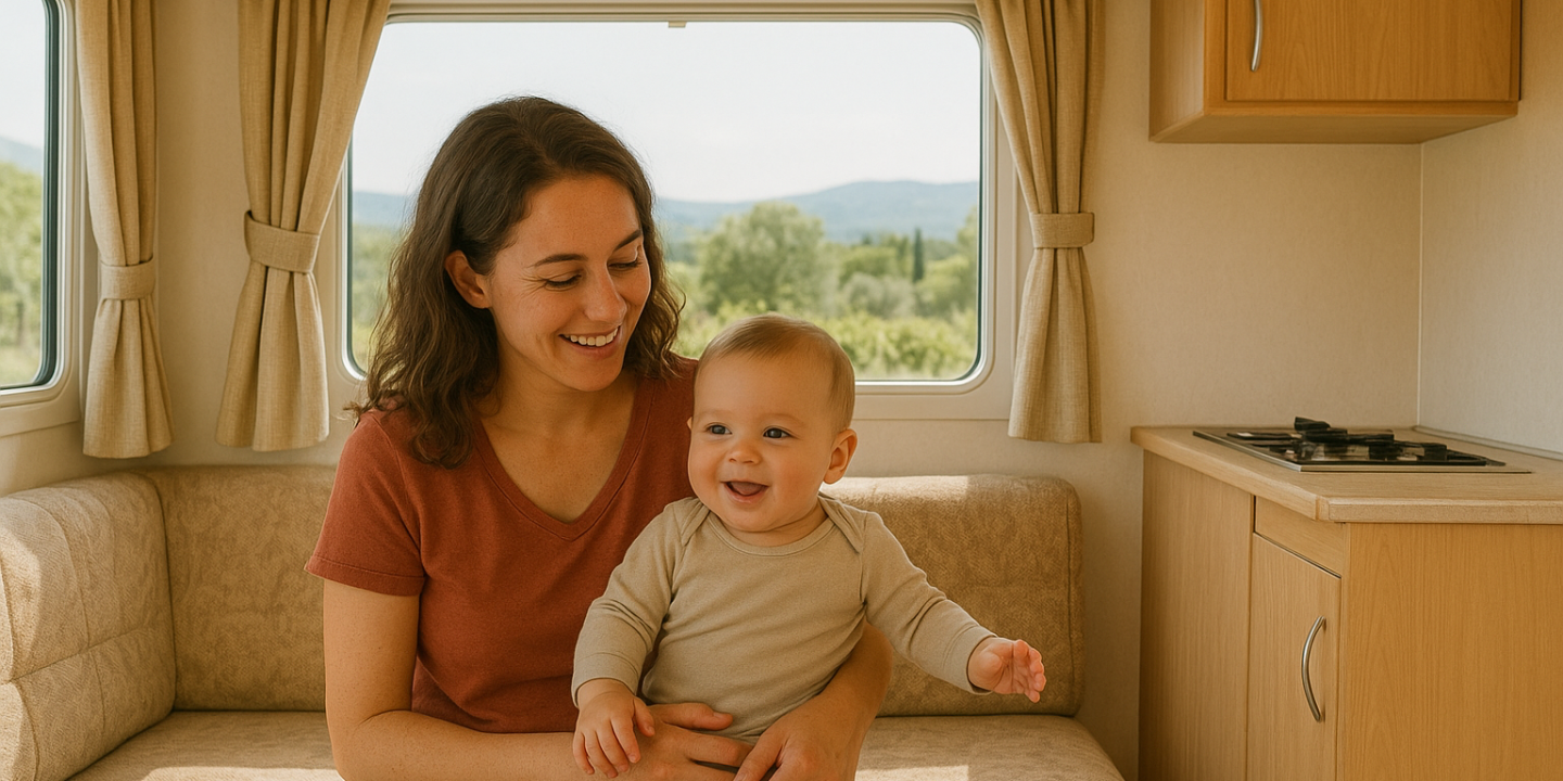 maman avec son bébé dans un mobil home en provence